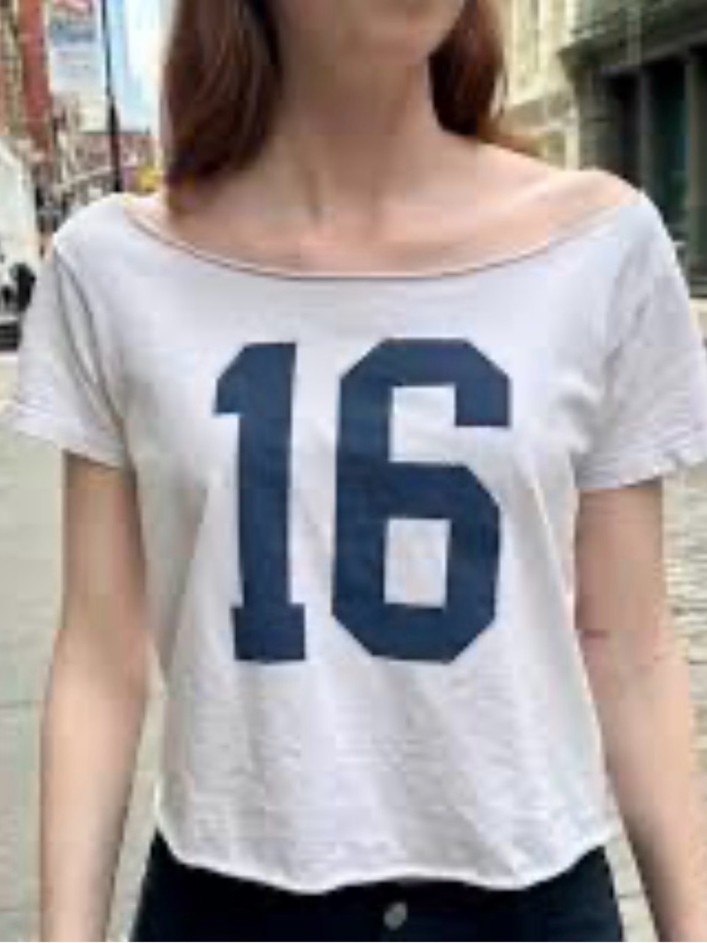 John Galt women’s  White Off-Shoulder Number 16 Graphic Tee
